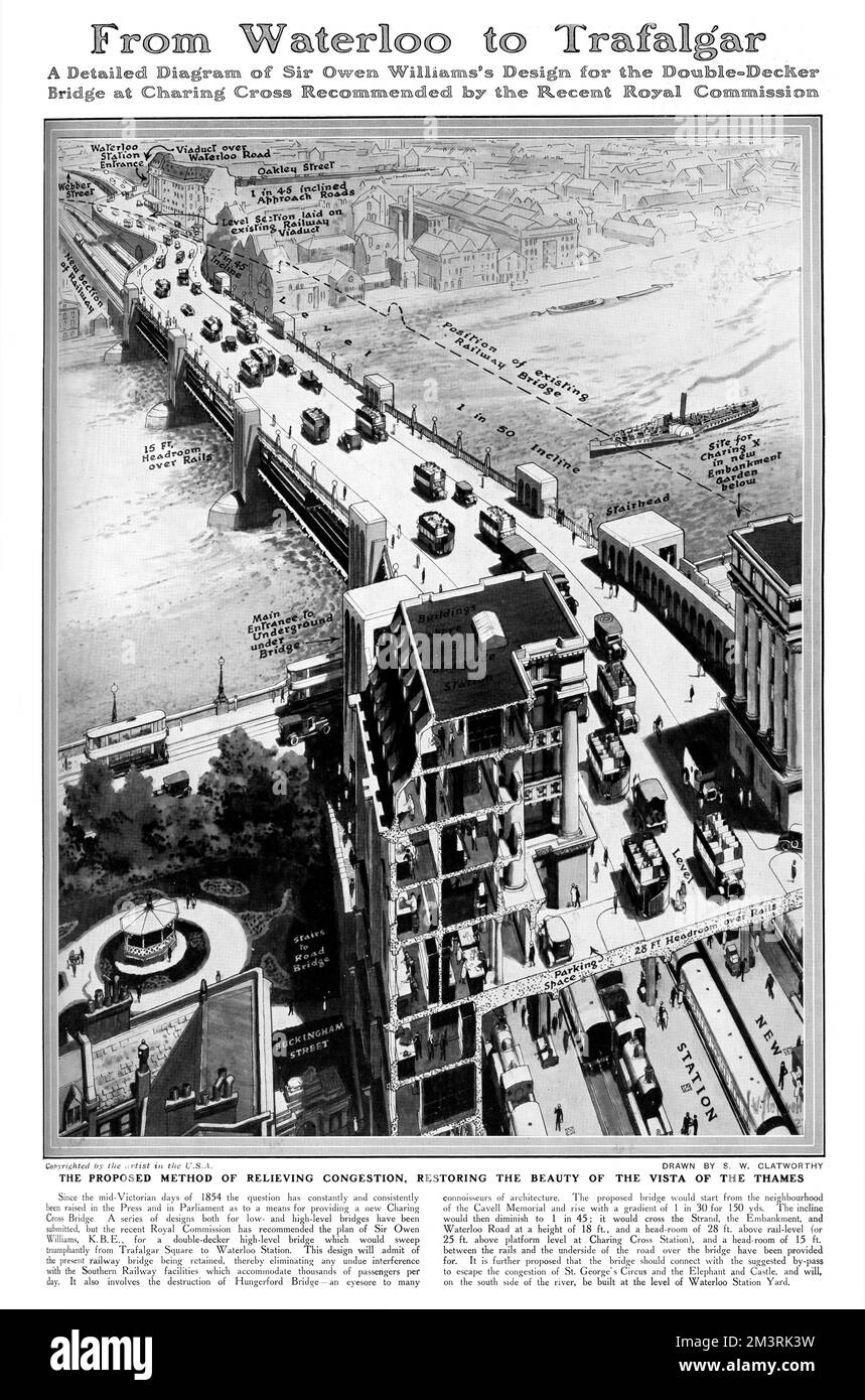 Pläne für eine neue Doppeldeckerbrücke in Charing Cross, entworfen von Sir Owen Williams und zu dieser Zeit kürzlich von einer königlichen kommission genehmigt. Die Brücke sollte die Hungerford Bridge aus dem 19.. Jahrhundert ersetzen. Die Idee war, dass der Verkehr auf dem Oberdeck passieren könnte, während Züge die Themse auf der Ebene darunter überqueren könnten. Der Plan wurde schließlich 1931 abgeschafft. 1927 Stockfoto