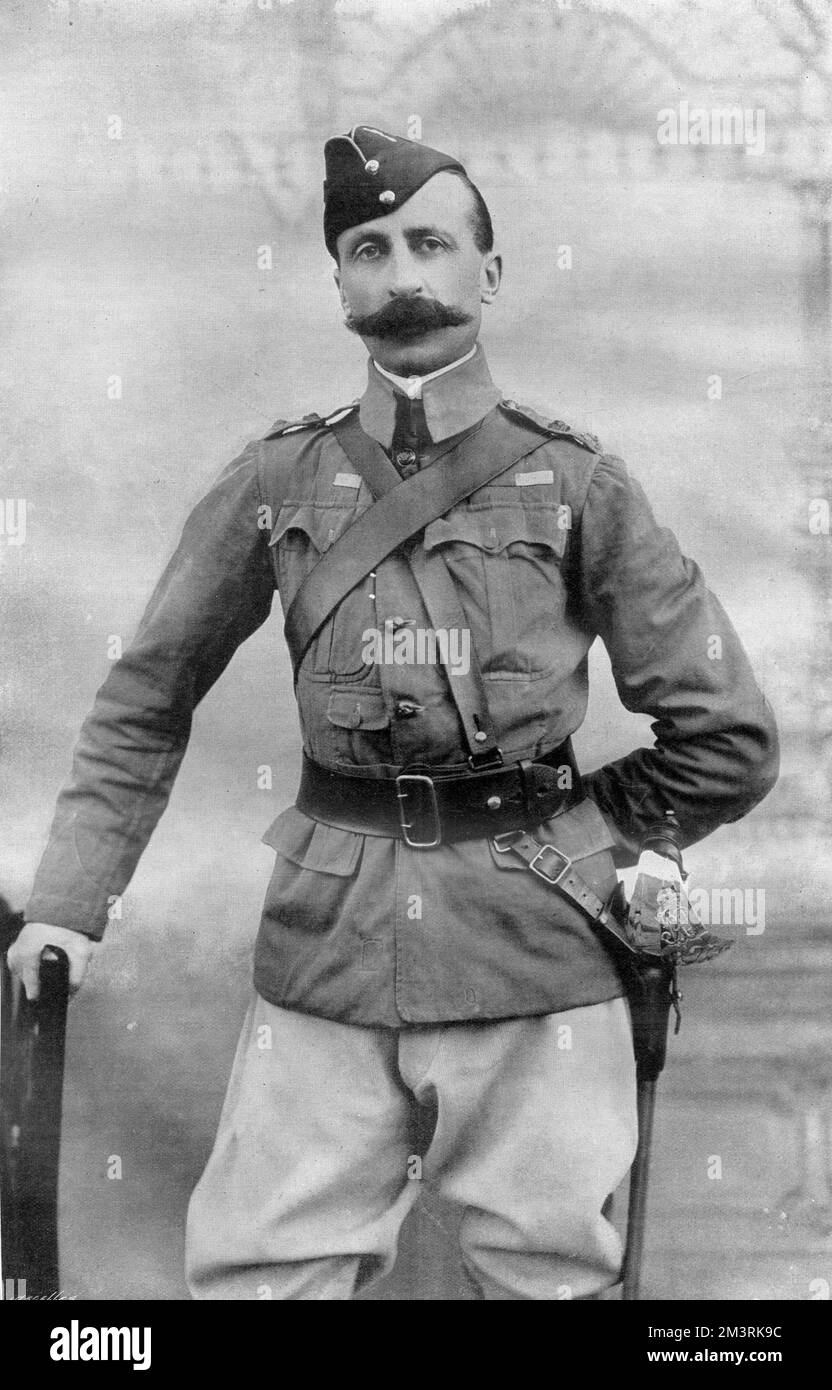 Generalleutnant Sir Edwin Alfred Hervey Alderson KCB (1859-1927), hochrangiger Offizier der britischen Armee, der in mehreren Kampagnen des späten 19. Und frühen 20. Jahrhunderts diente. Während des Ersten Weltkriegs wurde er in der ersten Hälfte des Krieges zum Kommando der kanadischen Expeditionstruppe ernannt, machte sich aber Feinde unter der kanadischen politischen und militärischen Elite und erlitt verheerende Verluste bei Operationen im Jahr 1915/16, die ihn zur Abkehr und schließlich zum Ausscheiden aus dem Dienst zwangen. Hier im Jahr 1899 als Oberst, als er das 1.. Bataillon befehligte, in dem die Infanterie aufbrach Stockfoto