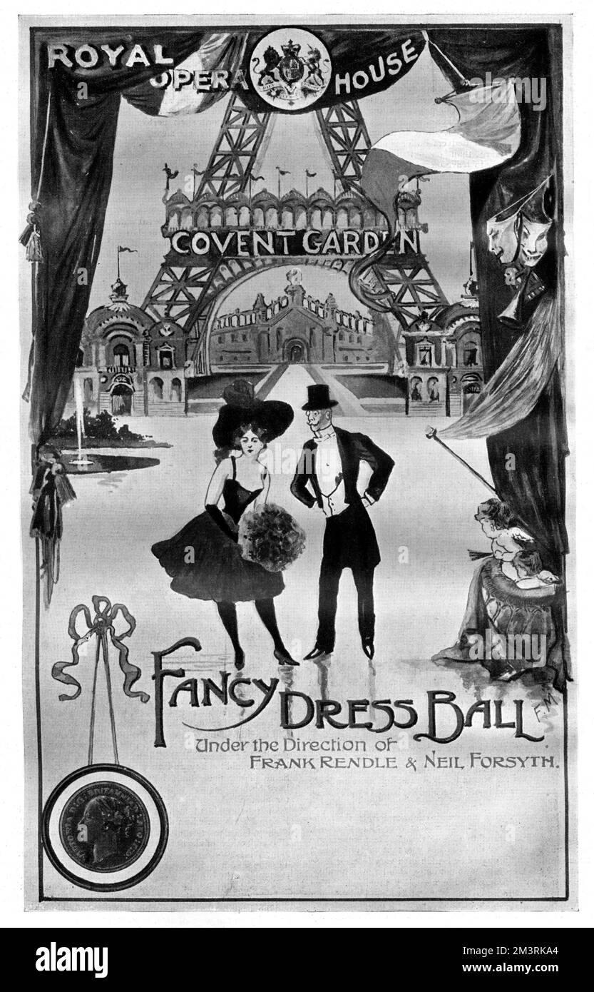 Landschaftlich reizvolles Design für den ersten schicken Ball der Covent Garden Saison 1899. Die Szene bildete das Gelände der bevorstehenden Pariser Ausstellung. 1899 Stockfoto