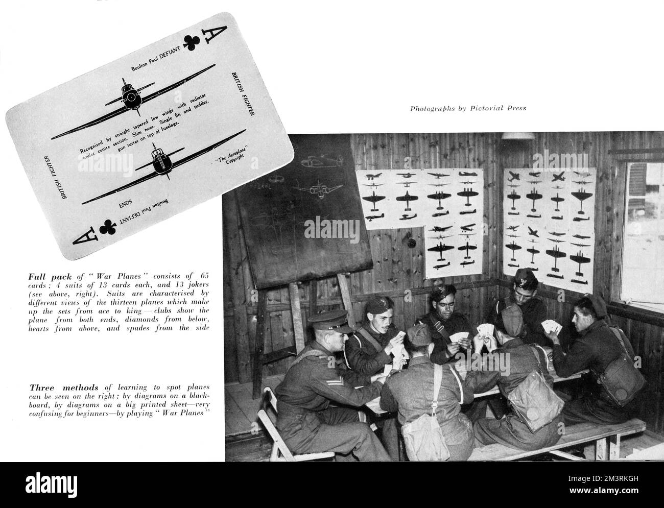 "Kriegsflugzeuge ist ein neues Kartenspiel, um Jim Crows beizubringen, wie man einen Freund von einem Feind unterscheidet." Das Flugzeug auf der Karte ist ein Boulton Paul Defiant. 1940 Stockfoto