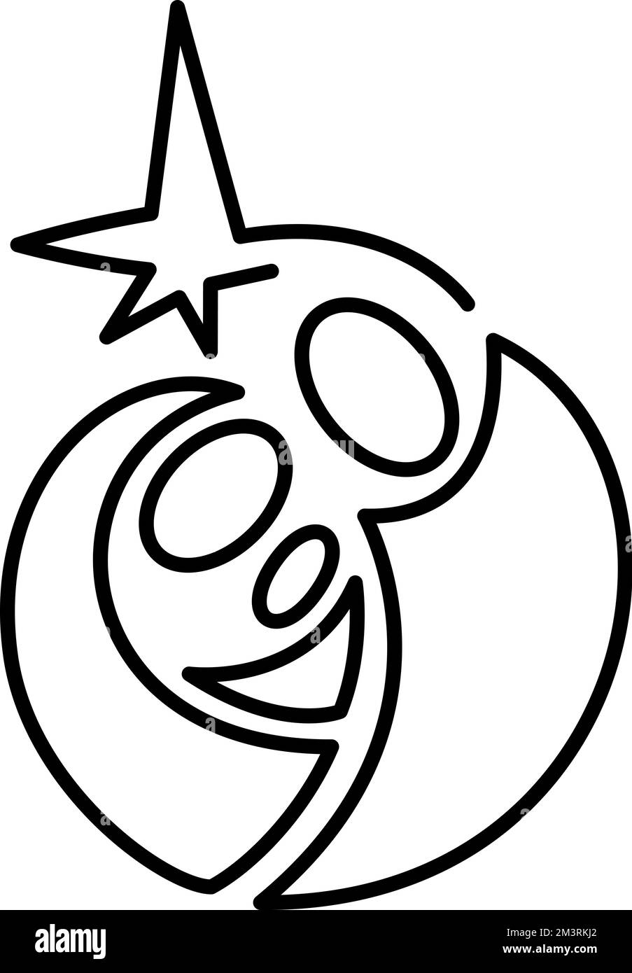 Vektorweihnachts-christliche Geburtsszene des Jesuskindes mit Maria und Joseph und Stern im runden Rahmen. Skizze zur Illustration des Logo-Symbols. Doodle Stock Vektor