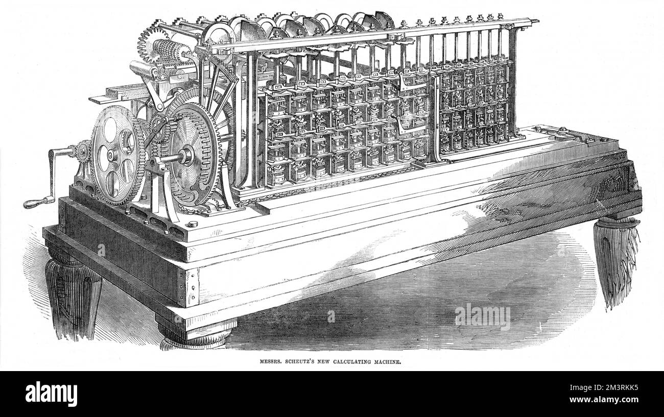 Pehr (per) Georg Scheutz (1785-1873) und Edvard Scheutz's (Stockholm, Schweden) New Calculating (Tabulating) Machine. Die erste Scheutzian-Rechenmaschine, die 1837 erfunden und 1843 abgeschlossen wurde. Diese Maschine, die er mit seinem Sohn Edvard Scheutz baute, basiert auf Charles Babbage's Differential-Motor. Ein verbessertes Modell, das etwa die Größe eines Klaviers hat (hier abgebildet), wurde 1853 geschaffen und anschließend auf der Weltausstellung in Paris 1855 demonstriert. Datum: 1855 Stockfoto