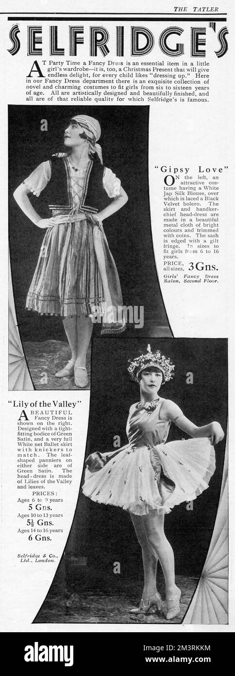 Werbung für Selfridge's Kaufhaus mit zwei Vorschlägen für Kostüme für die kommende Partysaison - ein Zigeunermädchen oder Lily of the Valley. Datum: 1928 Stockfoto