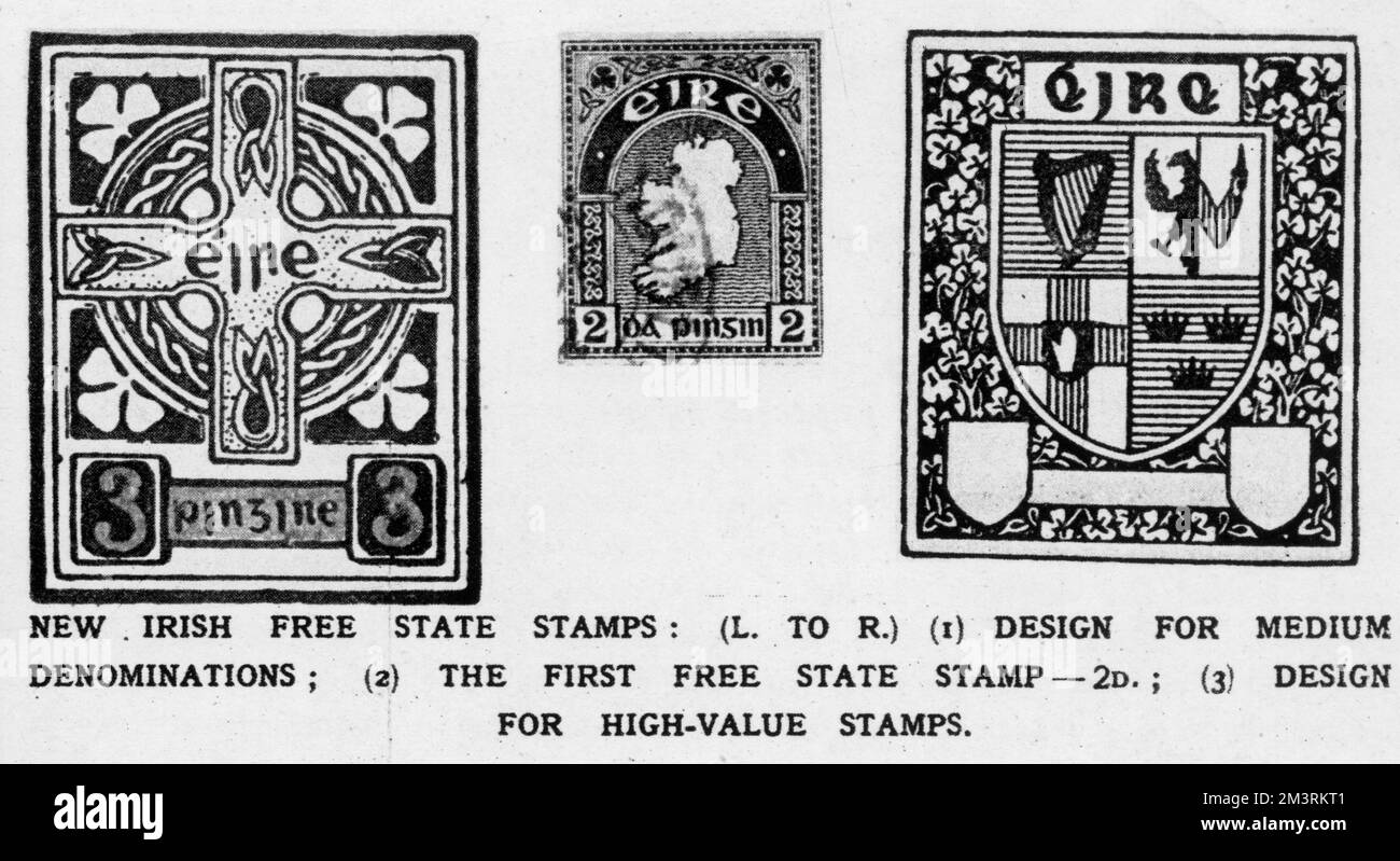 Der erste endgültige Stempel des irischen Freistaates, der sofort ausgestellt wurde, wurde offiziell mit einem Wert von 2D eingeführt. Der Stempel zeigt eine Karte Irlands, vor allem mit der nicht dargestellten Nord-Süd-Kluft. Sie wird von zwei weiteren Stempelmustern flankiert, die mittlere und hohe Stückelungen zeigen. Datum: Dezember 1922 Stockfoto
