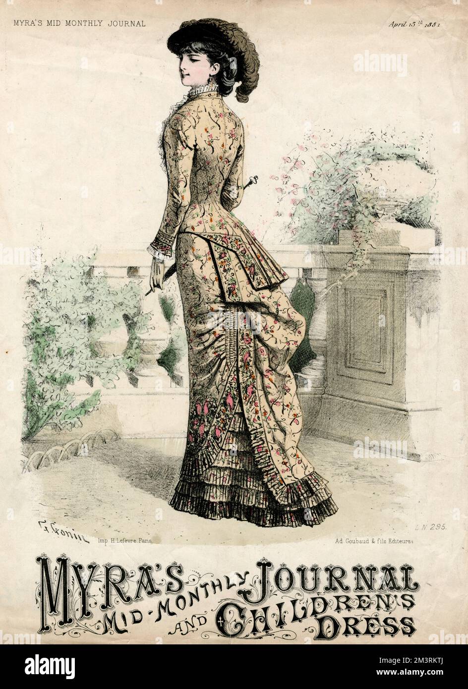 Eine Französin, die ein blumiges Kleid trägt. Datum: 1881 Stockfoto