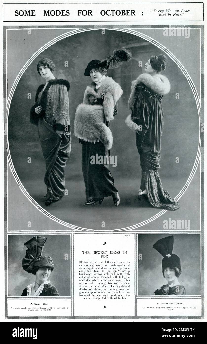 Damen-Models in Fuchspelzmänteln und Accessoires. Datum: 1913 Stockfoto