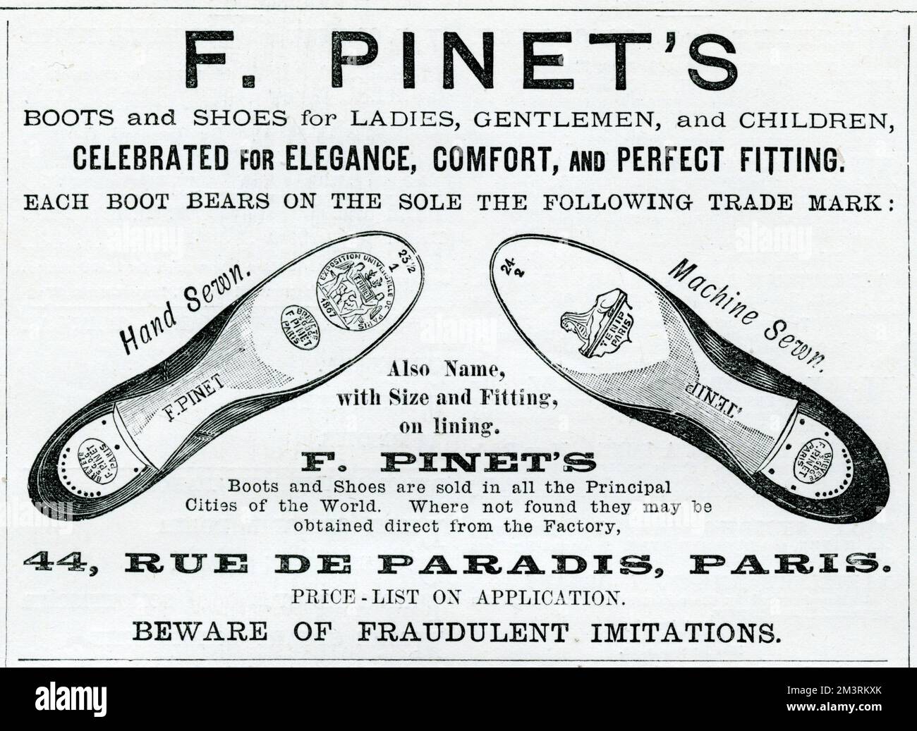 Werbung für Pinets Schuhe - Stiefel und Schuhe für Damen, Herren und Kinder. 1887 Stockfoto