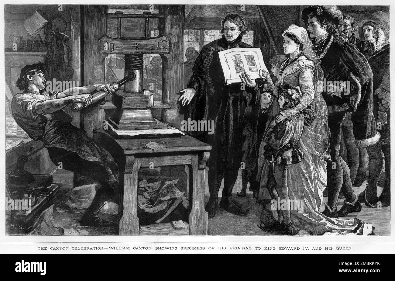 William Caxton zeigte King Edward IV. Und seiner Königin Elizabeth Woodville 1477 Exemplare seiner Drucke im The Almonry in Westminster, wo er seine Presse eingerichtet hatte. Das Bild wurde für die Grafik 1877 als Teil der gedenkfeier anlässlich des 400.. Jahrestages der Einführung des Drucks in England geschaffen. 1477 Stockfoto
