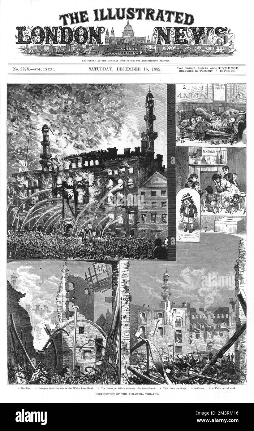 Titelseite der illustrierten London News, 16.. Dezember 1882, die die Zerstörung des Alhambra Theatre am Londoner Leicester Square durch Feuer am 7.. Dezember 1882 zeigt. 1882 Stockfoto