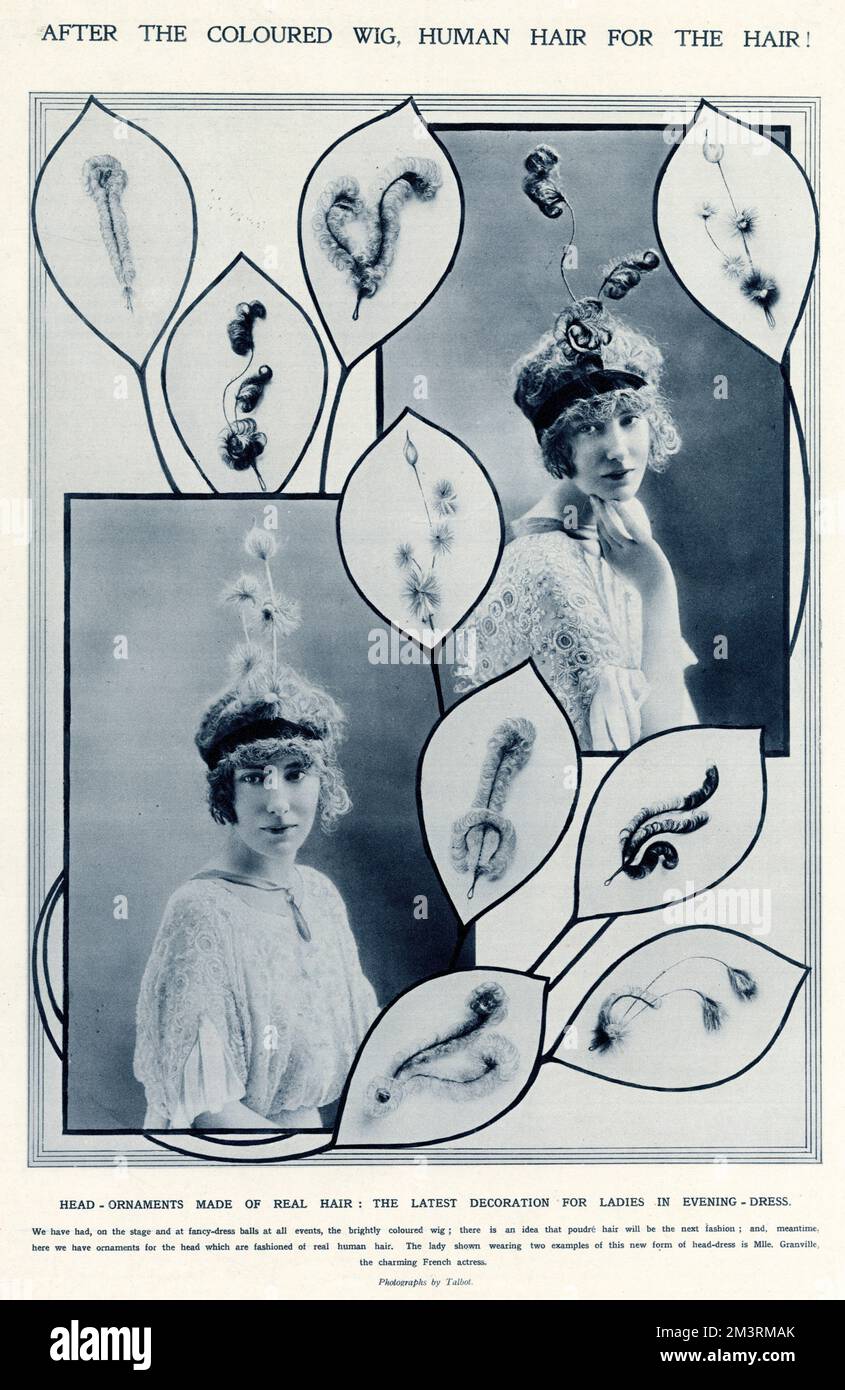 Granville, französische Schauspielerin, trägt bunte Kopfbedeckungen aus echtem Menschenhaar für den Abend. 1914 Stockfoto