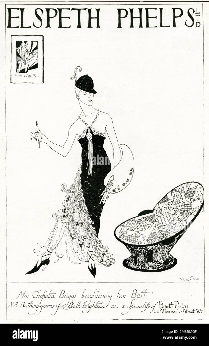 Werbung für das Modehaus Elspeth Phelps, eine von mehreren hochstilvollen und witzigen Werbespots, die von Lady Eileen Orde (Tochter des 4.. Herzogs von Wellington) entworfen wurden und in denen in verschiedenen Situationen Figuren der oberen Klasse in einem Phelps-Design gezeigt werden. Datum: 1920 Stockfoto