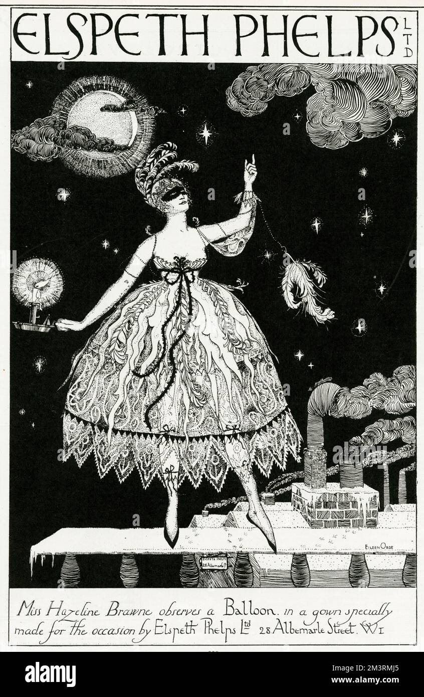 Werbung für das Modehaus Elspeth Phelps, eine von mehreren hochstilvollen und witzigen Werbespots, die von Lady Eileen Orde (Tochter des 4.. Herzogs von Wellington) entworfen wurden und in denen in verschiedenen Situationen Figuren der oberen Klasse in einem Phelps-Design gezeigt werden. 1920 Stockfoto