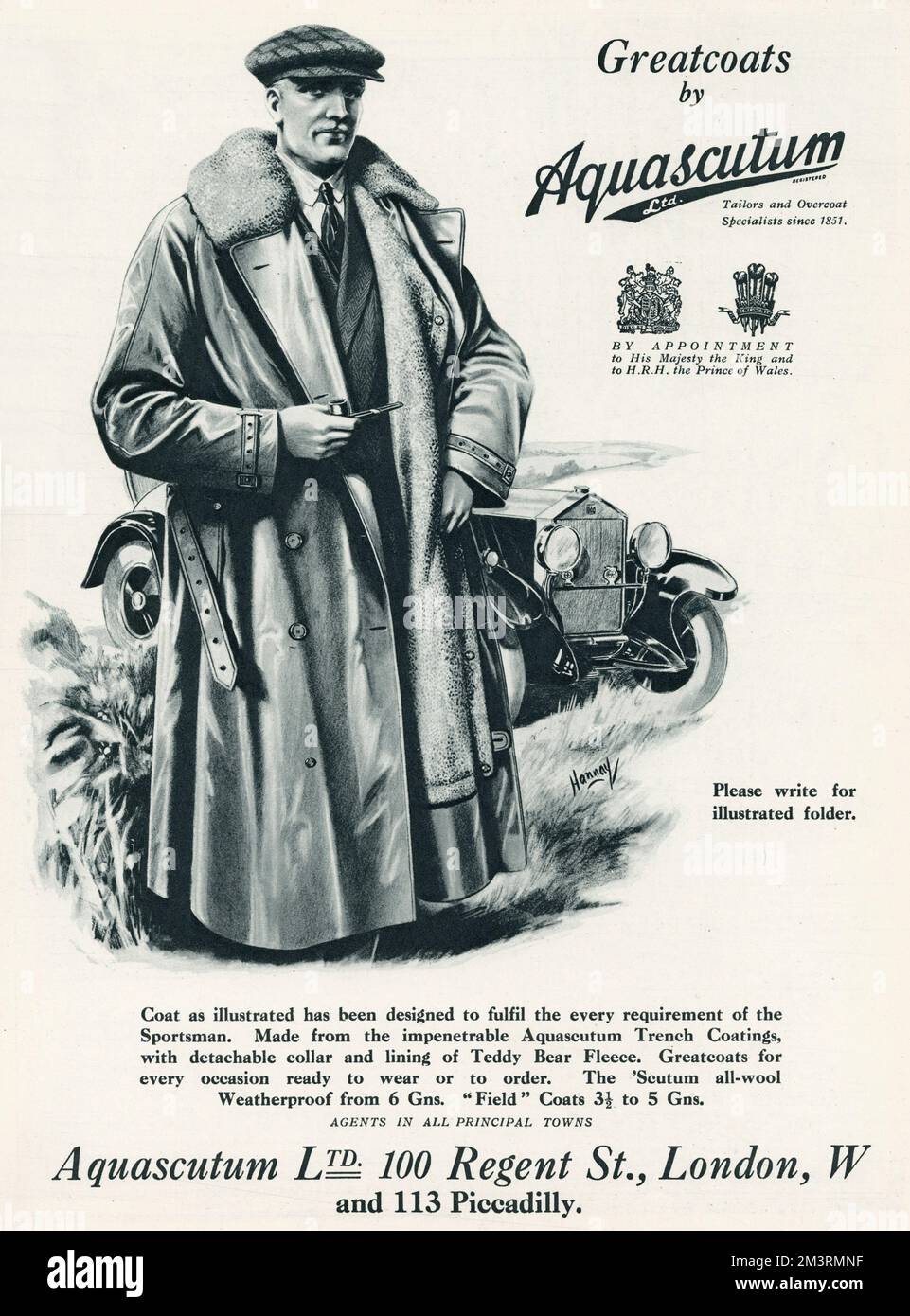 Herrenjacke aus undurchdringlichem Aquascutum Trenchcoat mit abnehmbarem Kragen und Futter aus Teddy Bear Fleece. 1929 Stockfoto