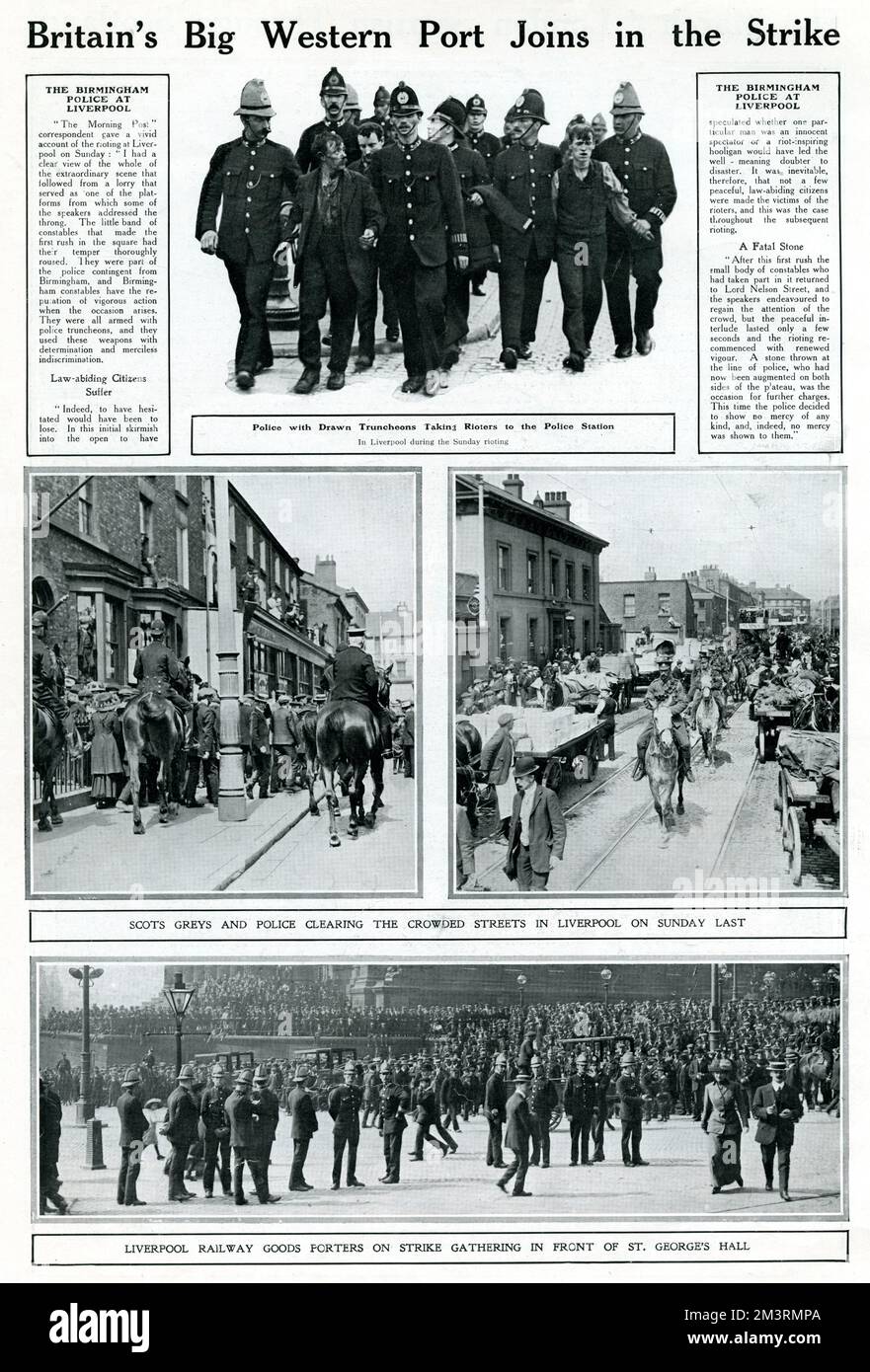 Den größten Teil des Sommers 1911 streikten Hafenarbeiter, Bahnarbeiter und Seeleute sowie Menschen aus anderen Berufen, was Liverpools Handel lähmte. Die Transformation von Gewerkschaften und Merseyside. Zum ersten Mal bilden sich die Gewerkschaften zu Massenorganisationen der Arbeiterklasse. Fotos von festgenommenen Männern, Straßenszenen in Liverpool, wo die berittene Polizei versucht, überfüllte Demonstranten in Schach zu halten, und schließlich Tausende von Streikenden rund um die St. George's Hall. August 1911 Stockfoto