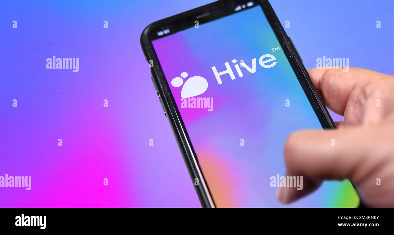 San Francisco, USA, November 2022: Hand hält ein Telefon mit der Hive Social Mobile App auf dem Bildschirm. Hive ist eine Social-Media-Plattform Stockfoto