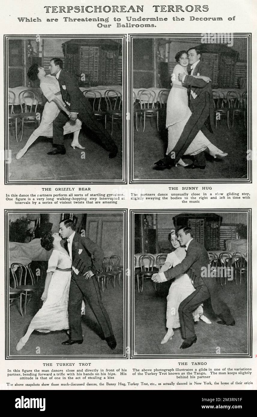 Beispiele für Tänze, die 1912 an Beliebtheit gewannen, was, wie der Tatler in der Beschimpfung sagt, waren: "Droht, den Anstand unserer Ballsäle zu untergraben". Tänzer demonstrieren den Grizzlybär, den Hasenumarmung, den Truthahn-Trab und den Tango. Datum: 1912 Stockfoto