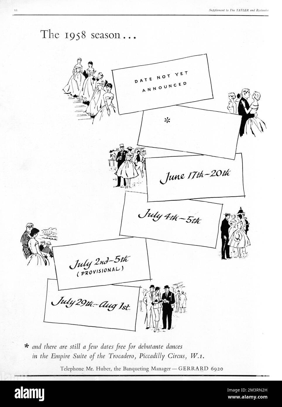 Werbung des Trocadero am Piccadilly Circus, in der die Daten hervorgehoben werden, an denen die Empire Suite noch für Debütantentänze zur Verfügung stand. Datum: 1958 Stockfoto