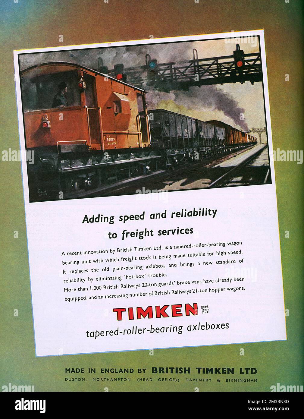 Eine jüngste Innovation von British Timken Ltd., einem Kegelrollenlager für Güterwagen, das für hohe Geschwindigkeiten geeignet ist und das alte Gleitlager ersetzt. Verwendet von über 1000 brade-Transportern mit 20 Tonnen Fassungsvermögen von British Railways und einer wachsenden Anzahl von 21 Tonnen schweren Lastkraftwagen von British Railways. Datum: 1958 Stockfoto