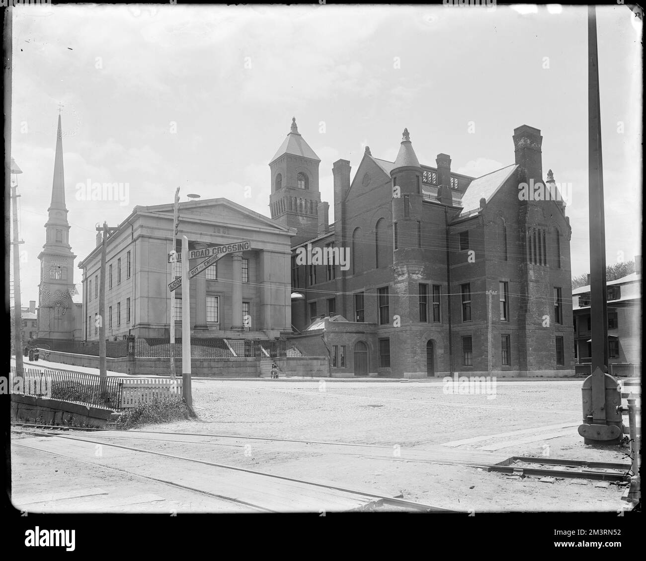 Salem, Federal Street Courthouse, Rückansicht, Gerichtsgebäude, Bahnübergänge. Frank Cousins Glass Plate Negatives Collection Stockfoto