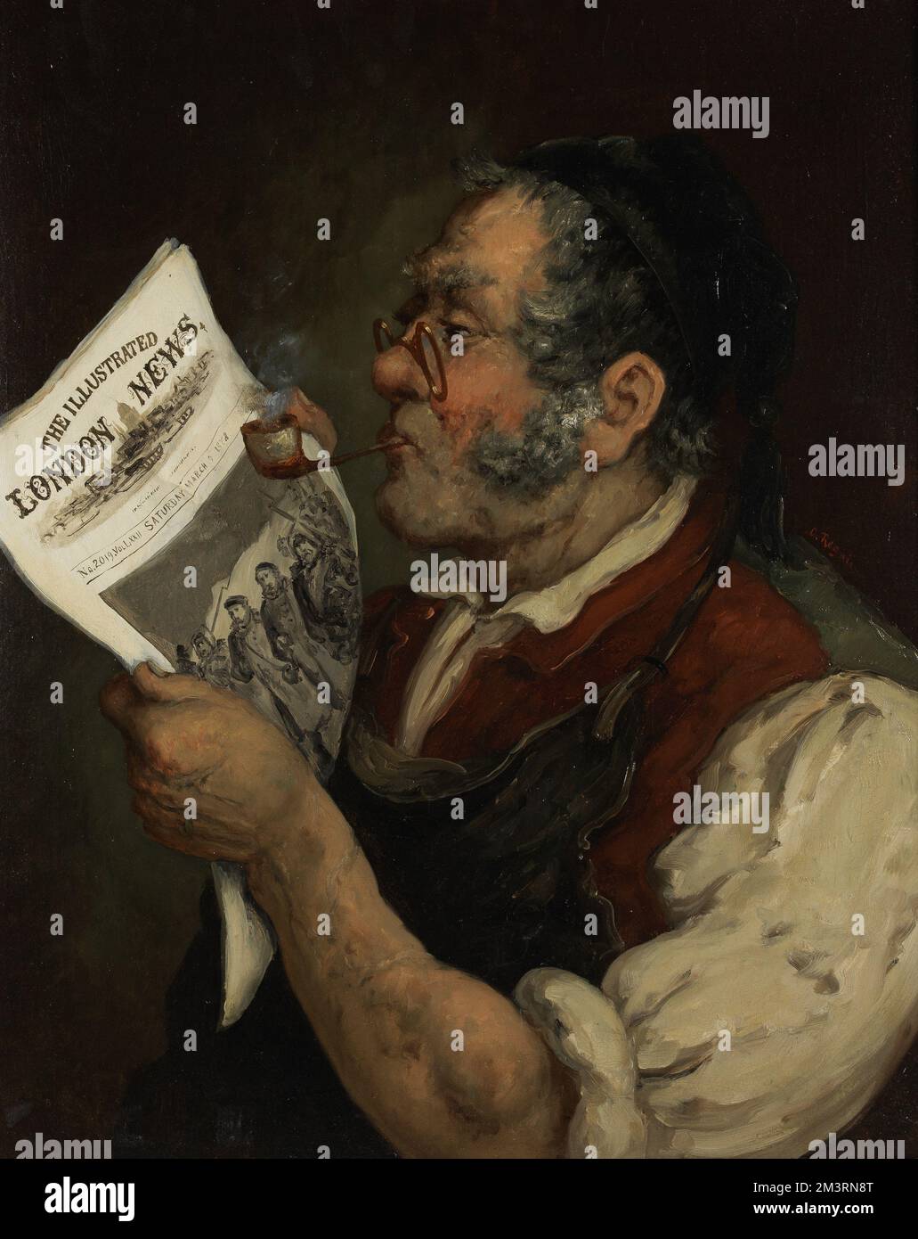 Porträt eines männlichen Arbeiters mit Mundpfeife beim Lesen der illustrierten London News. Stockfoto