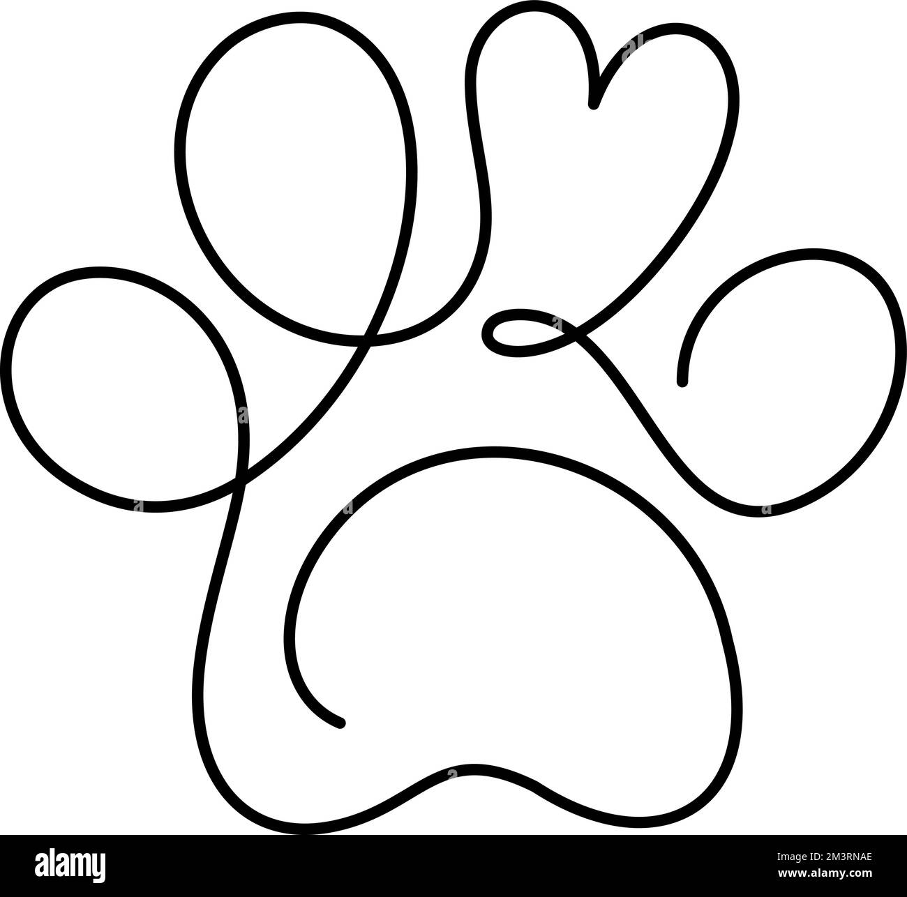 Fußabdruck von Hund- oder Katzenpfote und Herz in durchgehender einzeiliger Zeichnung des Logos. Minimale Strichgrafiken. Tier im Herzen. Haustiere lieben das Konzept Monoline Stock Vektor