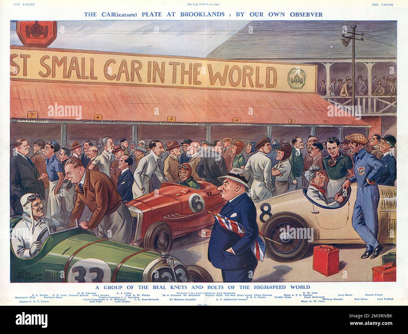 Einige Persönlichkeiten der Motorrennen-Welt, dargestellt vom Tatler-Karikaturisten, dem Tout. Zu den dargestellten Figuren gehören Malcolm Campbell (mittleres Auto) und Earl Howe (stehendes rechtes Auto mit Kesselanzug und Zigarettenhalter). Datum: 1934 Stockfoto