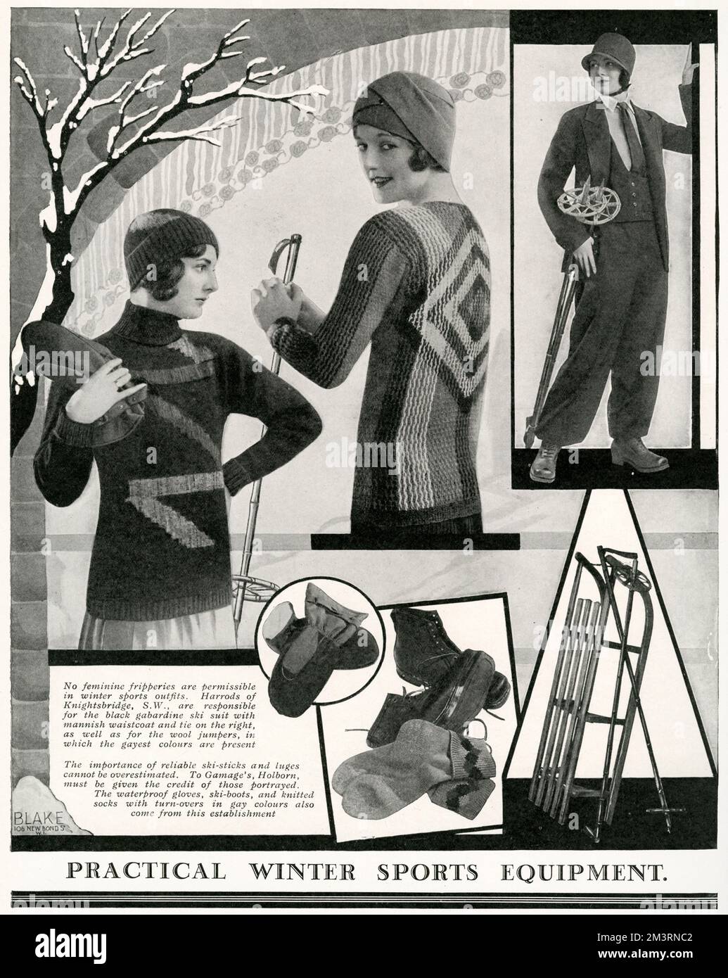 Damen-Models mit Wintersportbekleidung und -Accessoires. Datum: 1929 Stockfoto