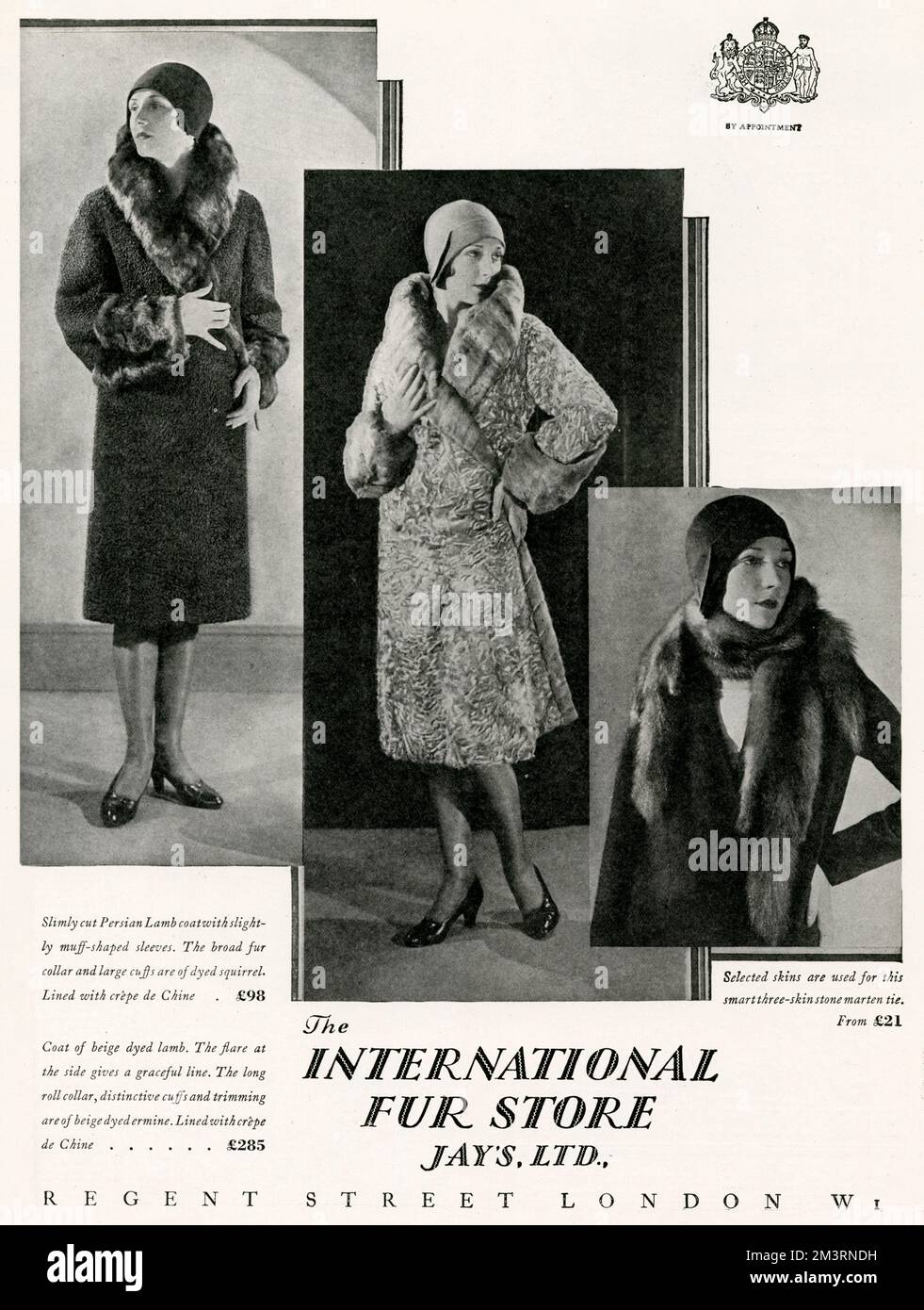 Werbung für International Fur Store 1929 Stockfoto