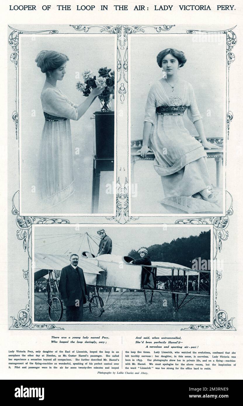 Lady Victoria Brady (Nee Pery) (1893-1918), einzige Tochter des 4.. Grafen und der Gräfin von Limerick. Lady Victoria war eine begeisterte Pilotin und machte einige Flüge mit Gustav Hamel, fotografierte in Hendon als Passant und durchlief die Schleife fünfmal. Im Dezember 1918 starb sie im Alter von 25 Jahren an der Grippeepidemie. Datum: 1914 Stockfoto