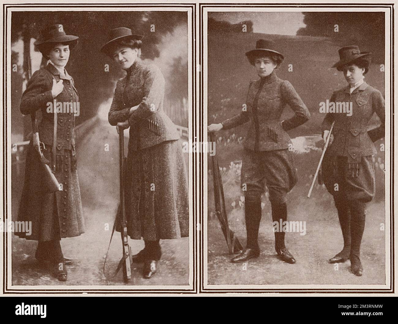 Mit dem Titel „Intelligente und geeignete Anzüge für Sportlerinnen. Auf dem linken Foto sehen Sie zwei Damen, die ein maßgeschneidertes Shooting-Outfit tragen, eine Jacke und einen Rock, ein rechtes Foto, die dieselbe Jacke tragen, aber stilvolle Knickerbocker tragen. Der Rock wird „anscheinend weggeworfen, wenn die Jagd schnell und wütend wird und die Damen in der abgebildeten abgekürzten Kleidung zurückbleiben“. 1.. Dezember 1909 Stockfoto