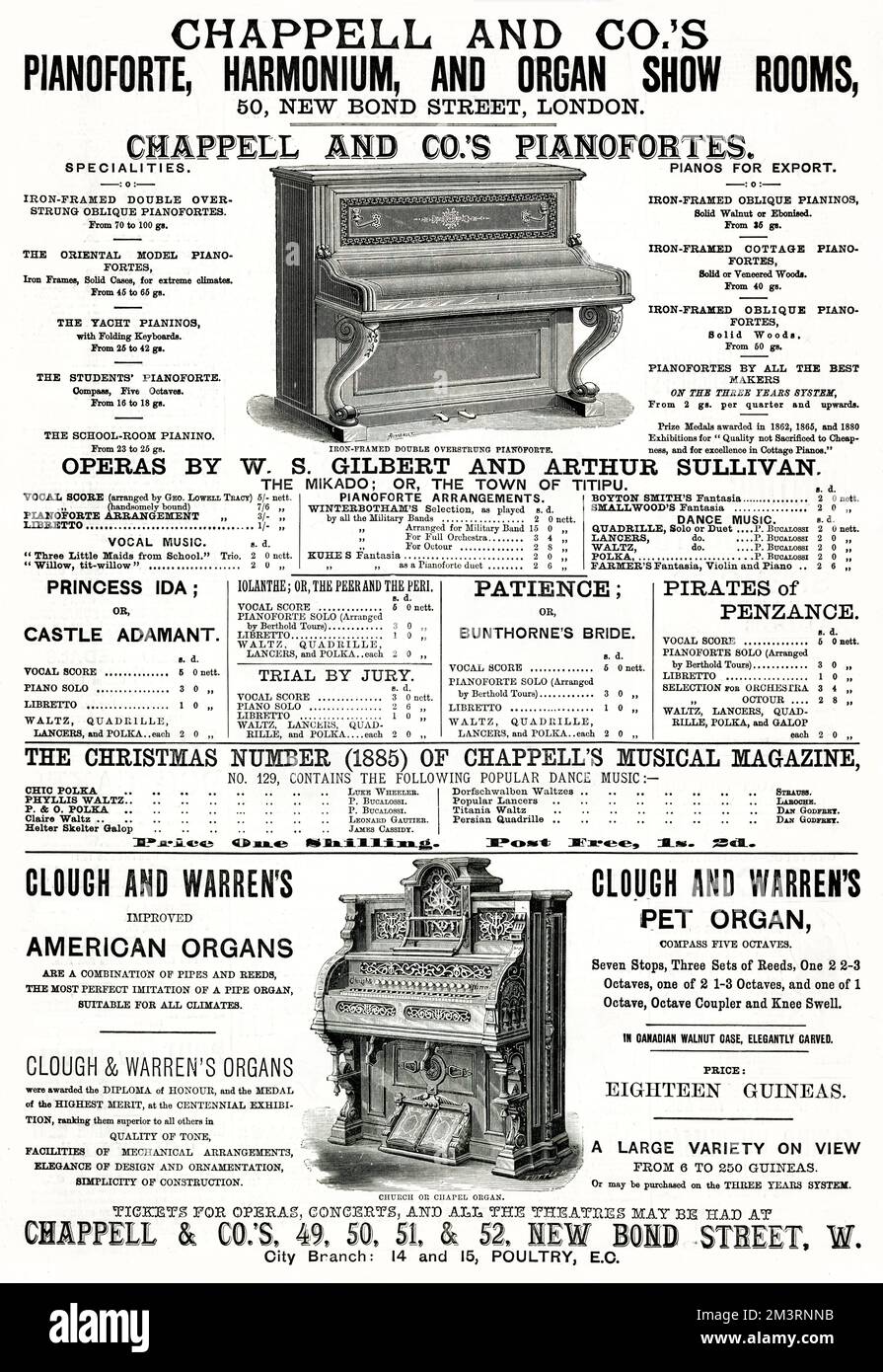 Werbespots für doppeltes übersträngtes Pianoforte mit Eisenrahmen und eine Kirche oder Kapellorgel, erhältlich bei Chappell & Co. In New Bond Street, London. Datum: 1885 Stockfoto