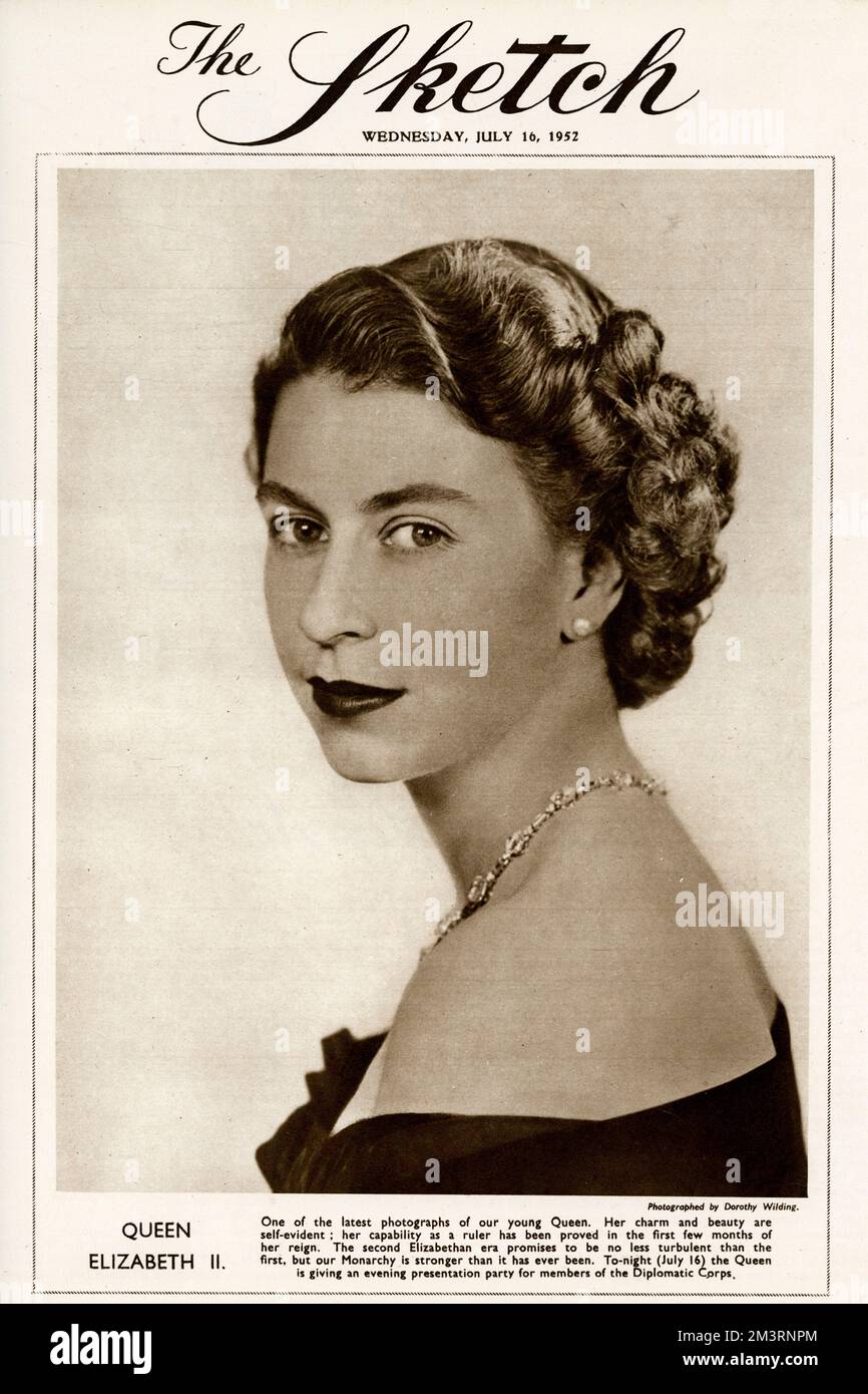 Titelseite von „The Sketch“, mit einem Foto der jungen Königin Elizabeth II., einige Monate nach dem Tod ihres Vaters George VI. 1952 Stockfoto