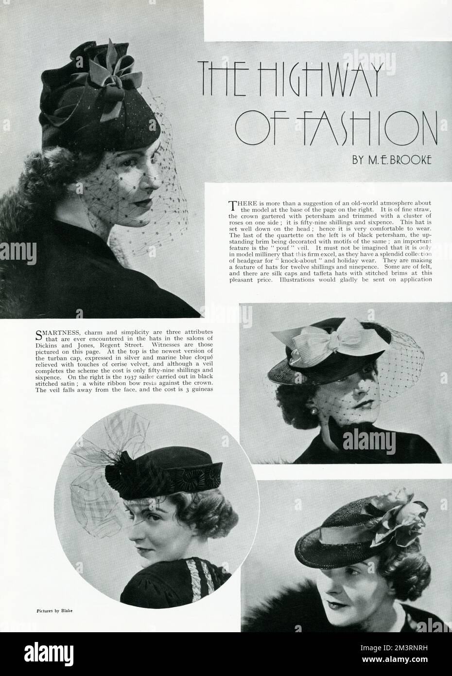 „Der Highway der Mode“. Model trägt modische, nach vorne geneigte Mützen mit Mesh-Netzabdeckung. 1937 Stockfoto