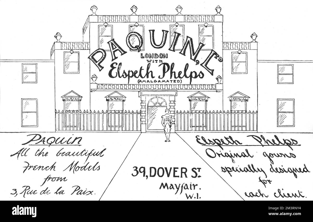 Werbung für Paquin Phelps aus der Dover Street, London, das Ergebnis einer Zusammenlegung zwischen dem britischen Designer Elspeth Phelps und dem Pariser Modehaus Paquin im Jahr 1923. Datum: 1923 Stockfoto