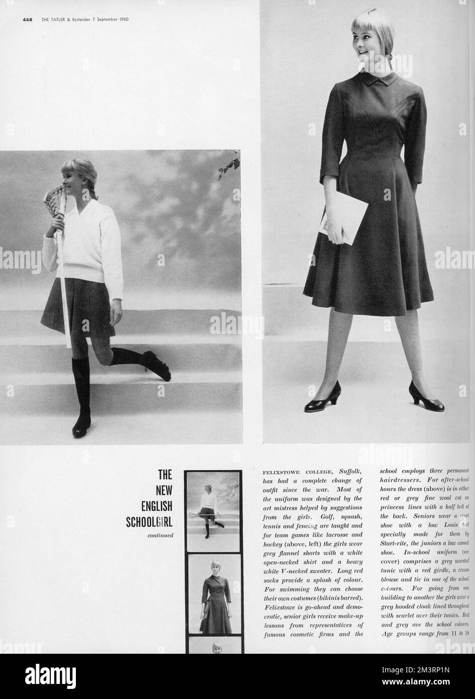 Eine Seite von The Tatler und Passanten, die 1960 Schuluniformen für Mädchen zeigt, mit dem Kostüm des Felixstowe College, Suffolk. Auf der linken Seite ist Sportkleidung abgebildet, darunter graue Flanellshorts mit einem weißen Hemd mit offenem Hals und ein schwerer weißer Pullover mit V-Ausschnitt. Nach der Schule wird ein Kleid aus roter oder grauer feiner Wolle mit Prinzessinenlinien und einem halben Gürtel auf der Rückseite getragen (rechts). Das Felixstowe College war eine unabhängige Mädchenschule, die 1929 gegründet und 1994 geschlossen wurde. Datum: 1960 Stockfoto
