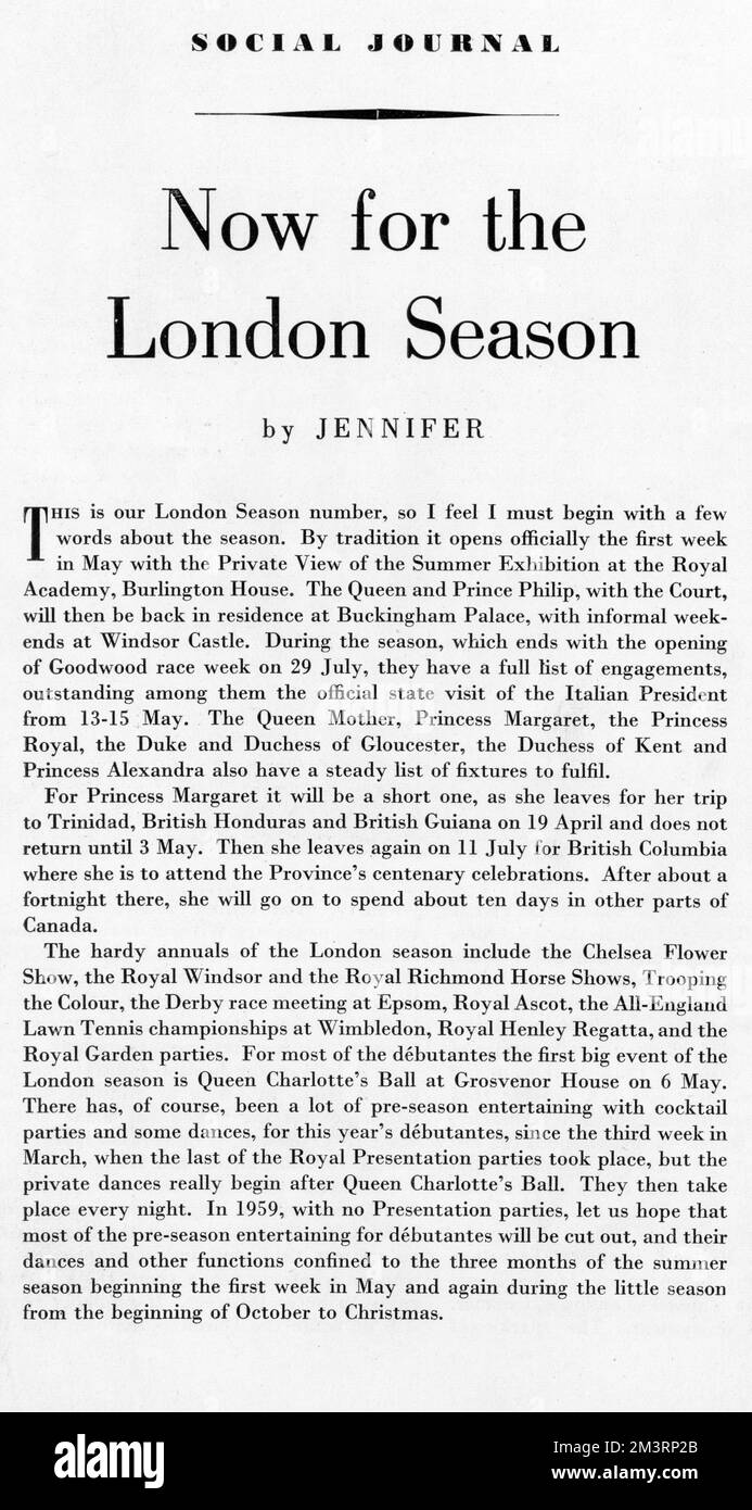 Jennifers Worte zur bevorstehenden Londoner Saison 1958, dem Jahr, in dem die letzten Debütantinnen ihren Knicks im Buckingham Palace machten. Datum: 1958 Stockfoto