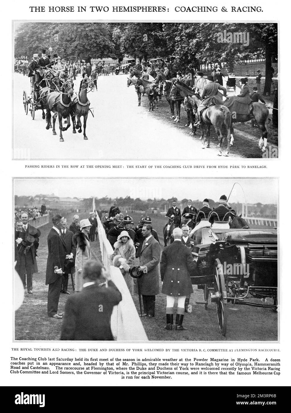 Ein traditioneller Anblick der Londoner Sommersaison, der Coaching Club (und oft der 4-in-Hand-Club) startet von Pferdekutschen im Hyde Park, der für den exklusiven Sportclub Ranelagh bestimmt ist. Wie sie es tun, passieren sie eine Reihe von Reitern in Rotten Row, die pausieren, während die Busse vorbeiklappern. Datum: 1927 Stockfoto