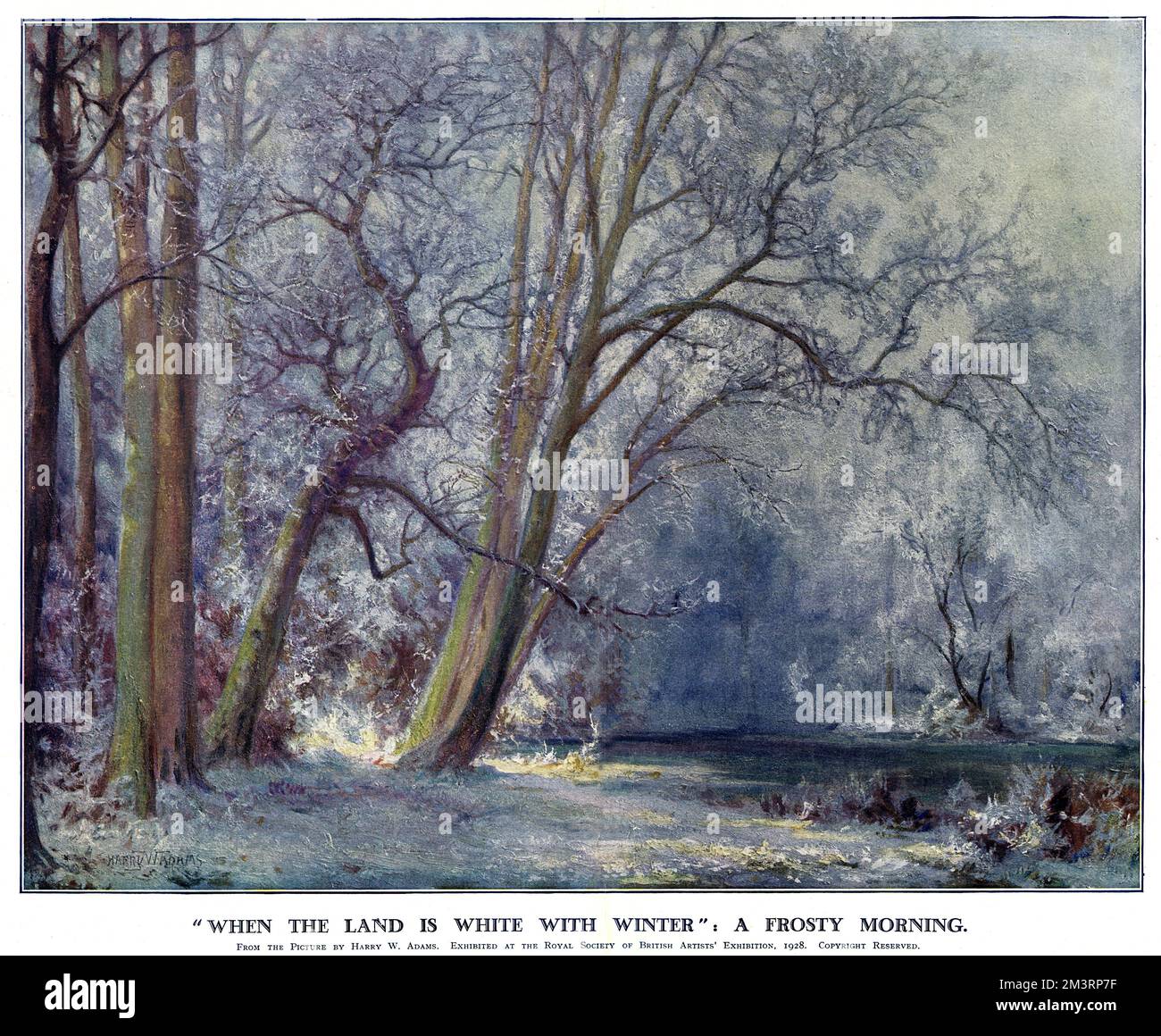 Zweiseitiges Farbfoto von When the Land is White with Winter: A Frosty Morning, von Harry W Adams, veröffentlicht in The Sketch vom 12.. Dezember 1928. Das Gemälde wurde auf der Ausstellung der Royal Society of British Artists ausgestellt. Datum: 12.. Dezember 1928 Stockfoto