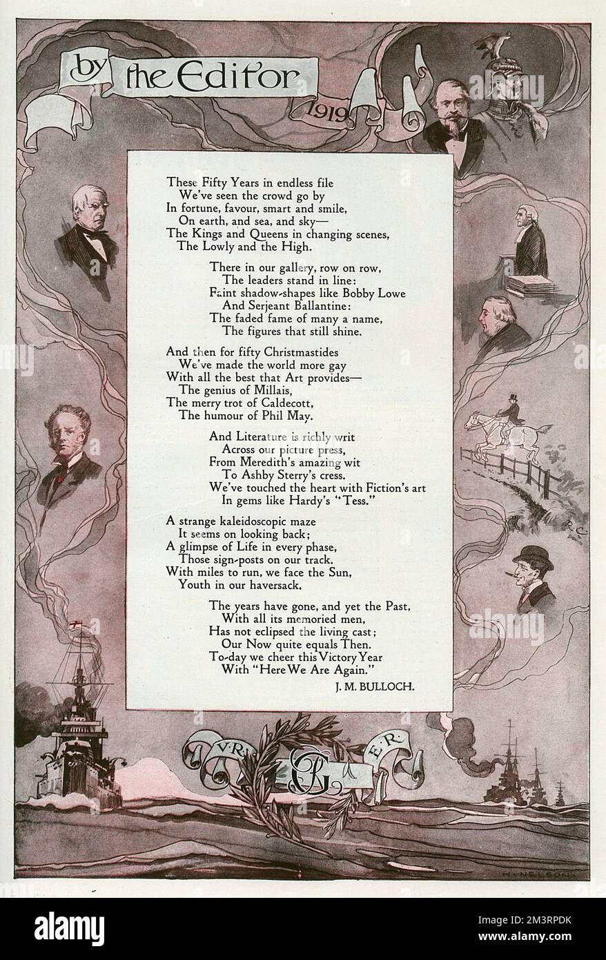 Illustriertes Gedicht zur Geschichte des Graphic Magazins, das 1869 von William Luson Thomas veröffentlicht wurde. Das Gedicht wurde vom Redakteur J. M. Bulloch geschrieben und von H. Nelson illustriert, mit Schlüsselfiguren und Ereignissen aus der 50-jährigen Geschichte des Magazins (dieses erschien in der Weihnachtsnummer zum 50.. Jahrestag des Magazins - es lief eigentlich bis 1933). Siehe Abbildung 11936735 für die andere Seite und die erste Hälfte des Gedichts. Datum: 1919 Stockfoto