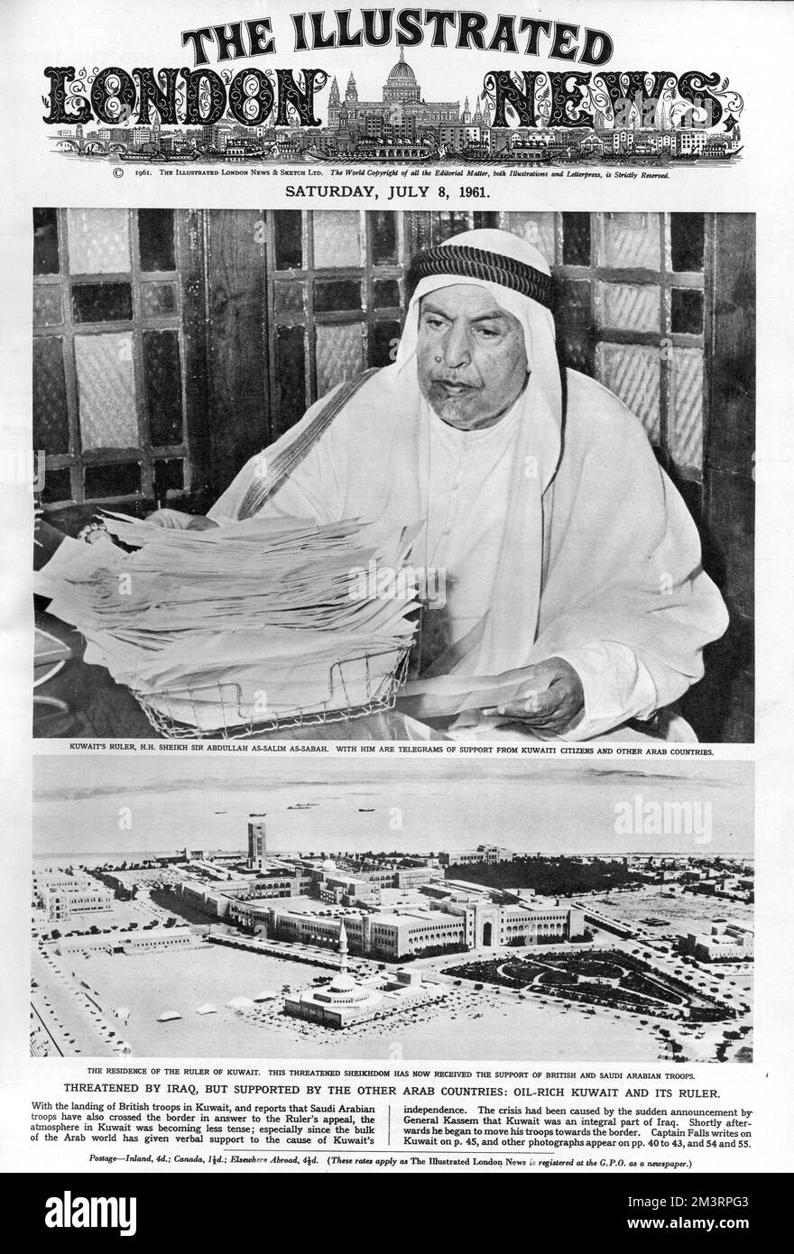 Titelseite der illustrierten London News mit dem Herrscher von Kuwait, H. H. H. Sheikh Sir Abdullah AS-Salim AS-Sabah, mit Telegrammen zur Unterstützung kuwaitischer Bürger und anderer arabischer Länder angesichts der Feindseligkeiten von General Kassem aus Irak, der Anspruch auf den Staat erhob. Datum: 1961 Stockfoto