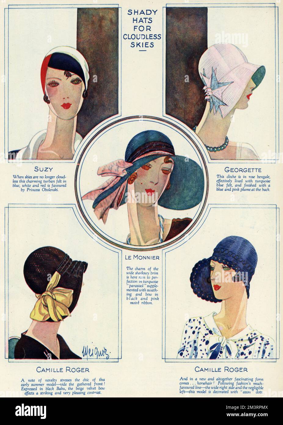 „Schattenhüte für wolkenlosen Himmel“. Auswahl an Frauenhüten. 1929 Stockfoto