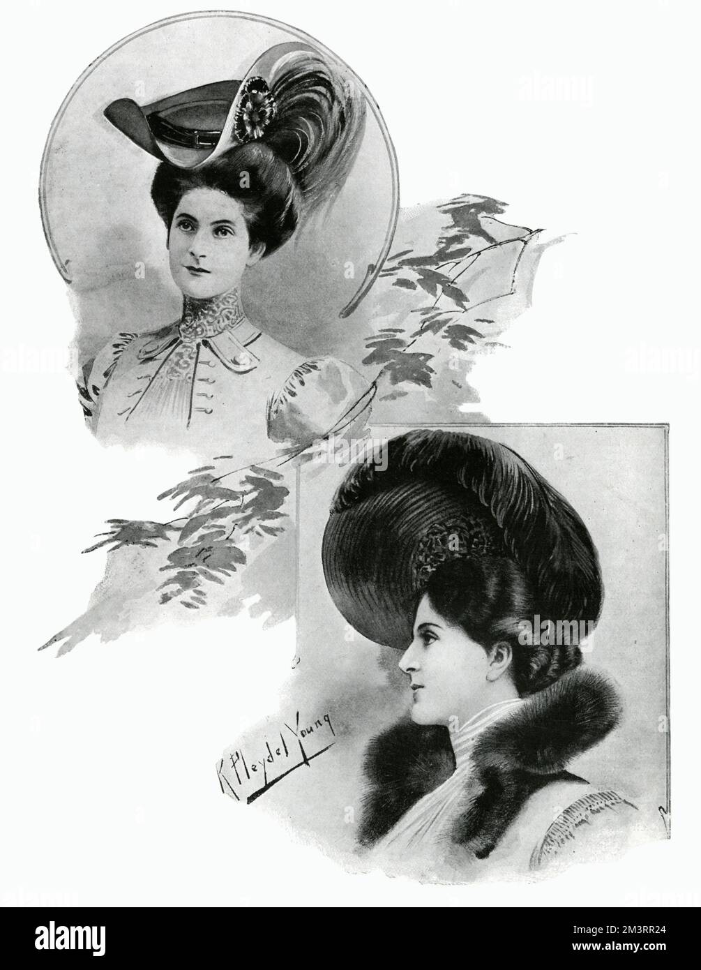 Zwei charmante, saisonale Hüte, "auf die keine moderne, selbstachtende Garderobe verzichten kann". Datum: 1905 Stockfoto