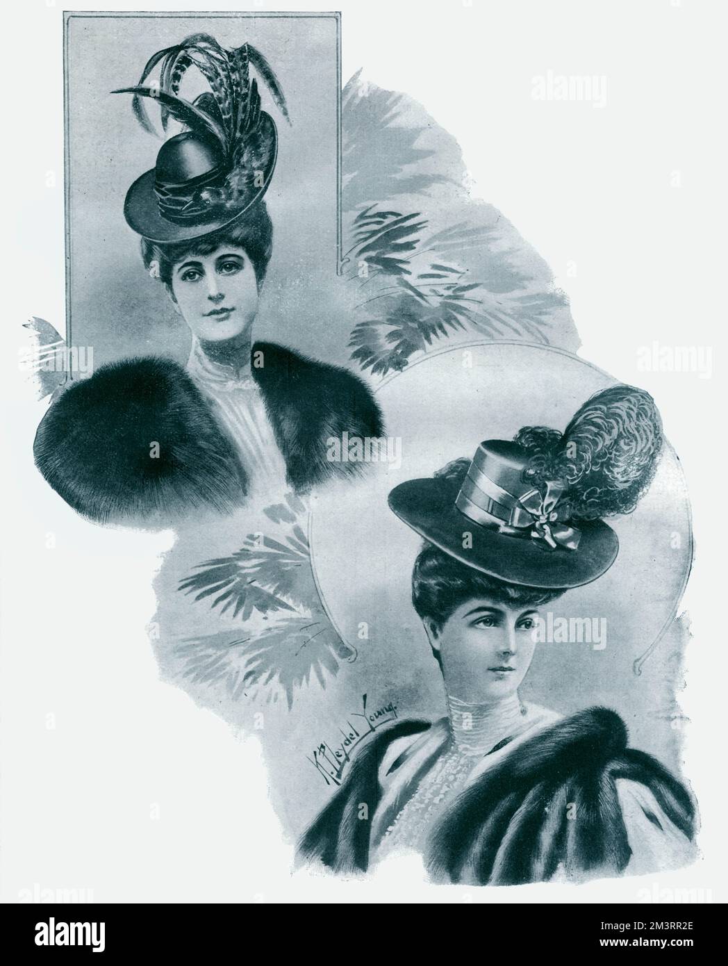 Edwardianische Frauen tragen leicht betitelte Hüte, dekoriert mit einem Vogel, Federn, Flöten und Schleifen. Datum: 1905 Stockfoto