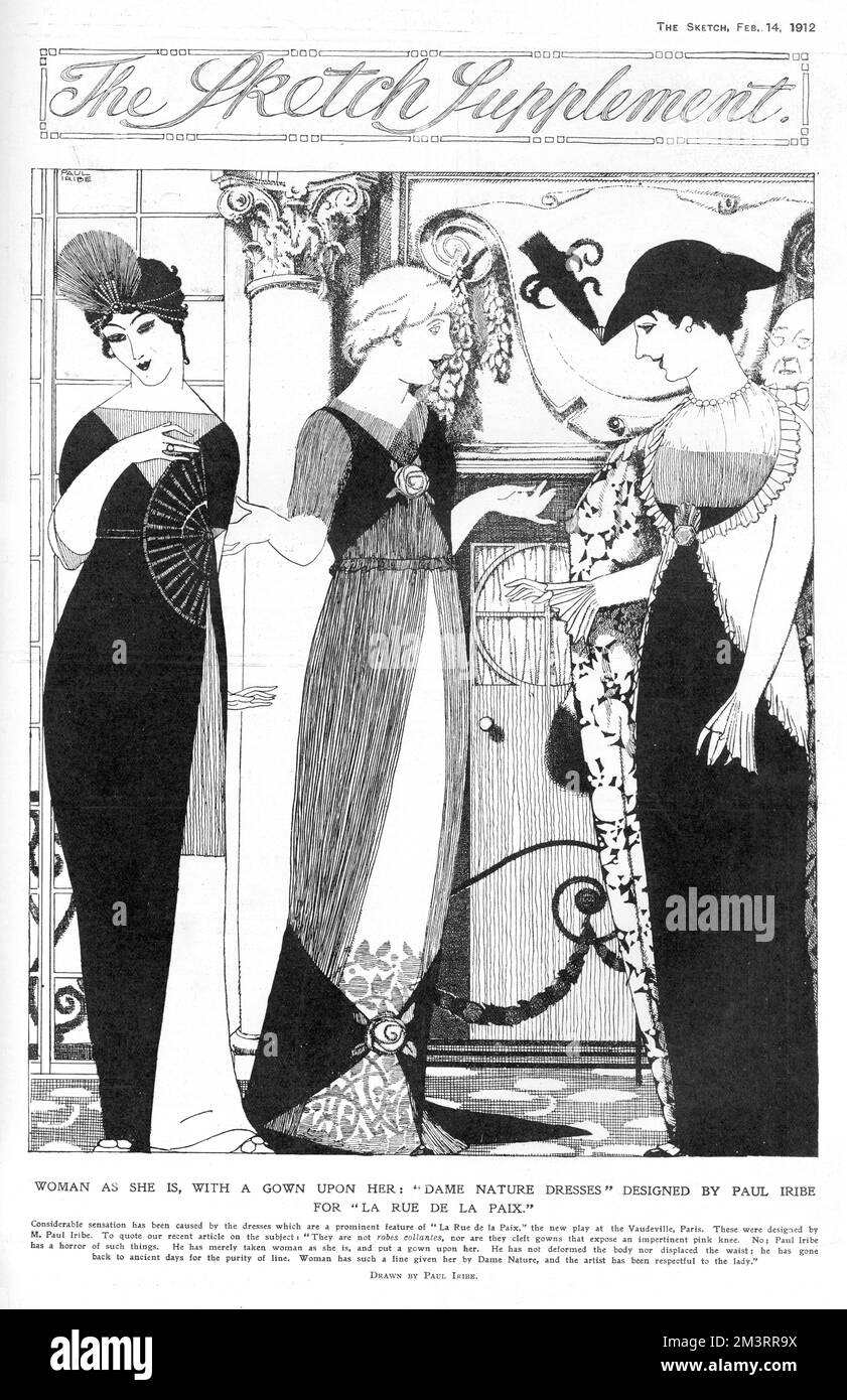 Zeichnungen von Paul Iribe für Kostüme, die im Stück Rue de la Paix im Vaudeville in Paris getragen wurden. Nach den natürlichen Figuren der Frauen wurden die Kleider „Frauenkleider“ genannt. Datum: 1912 Stockfoto