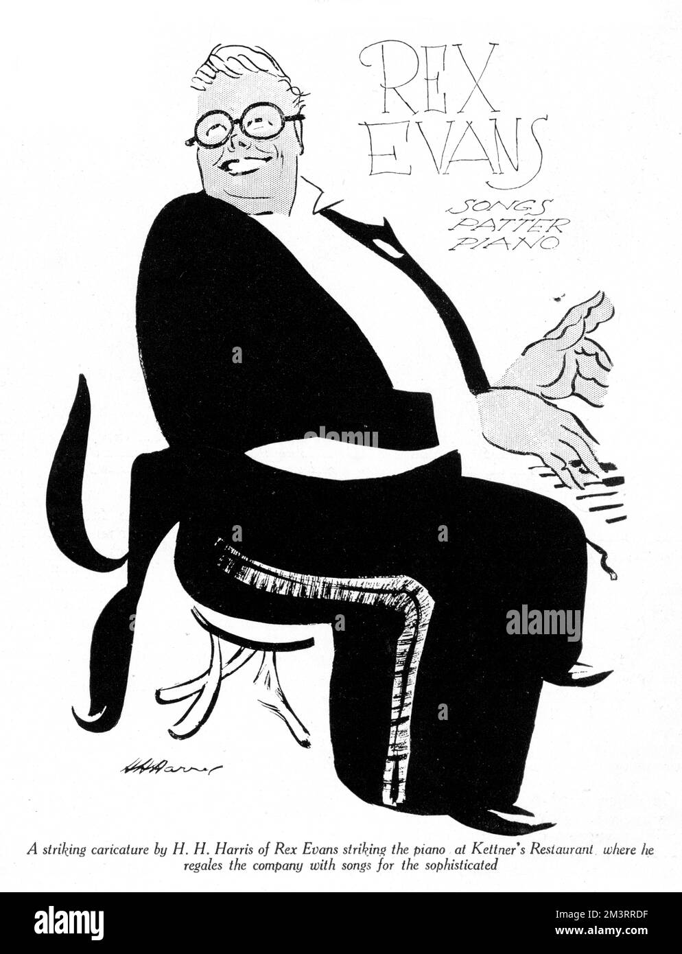 Rex Evans (1903-1969), britischer Charakterdarsteller und Kabarettkünstler, karikiert von H. H. Harris in der Zuschauerschaft zu jener Zeit, als er Kabarettdarsteller in Kettner's Restaurant war. Datum: 1930 Stockfoto