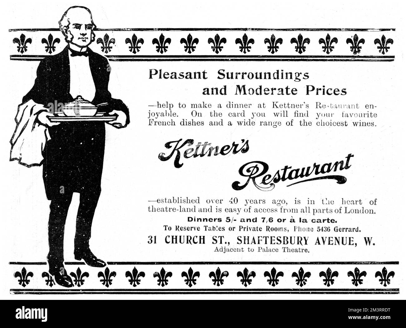 Werbung für das Restaurant Kettner's mit Schwerpunkt auf „angenehmer Umgebung und moderaten Preisen“. Datum: 1907 Stockfoto