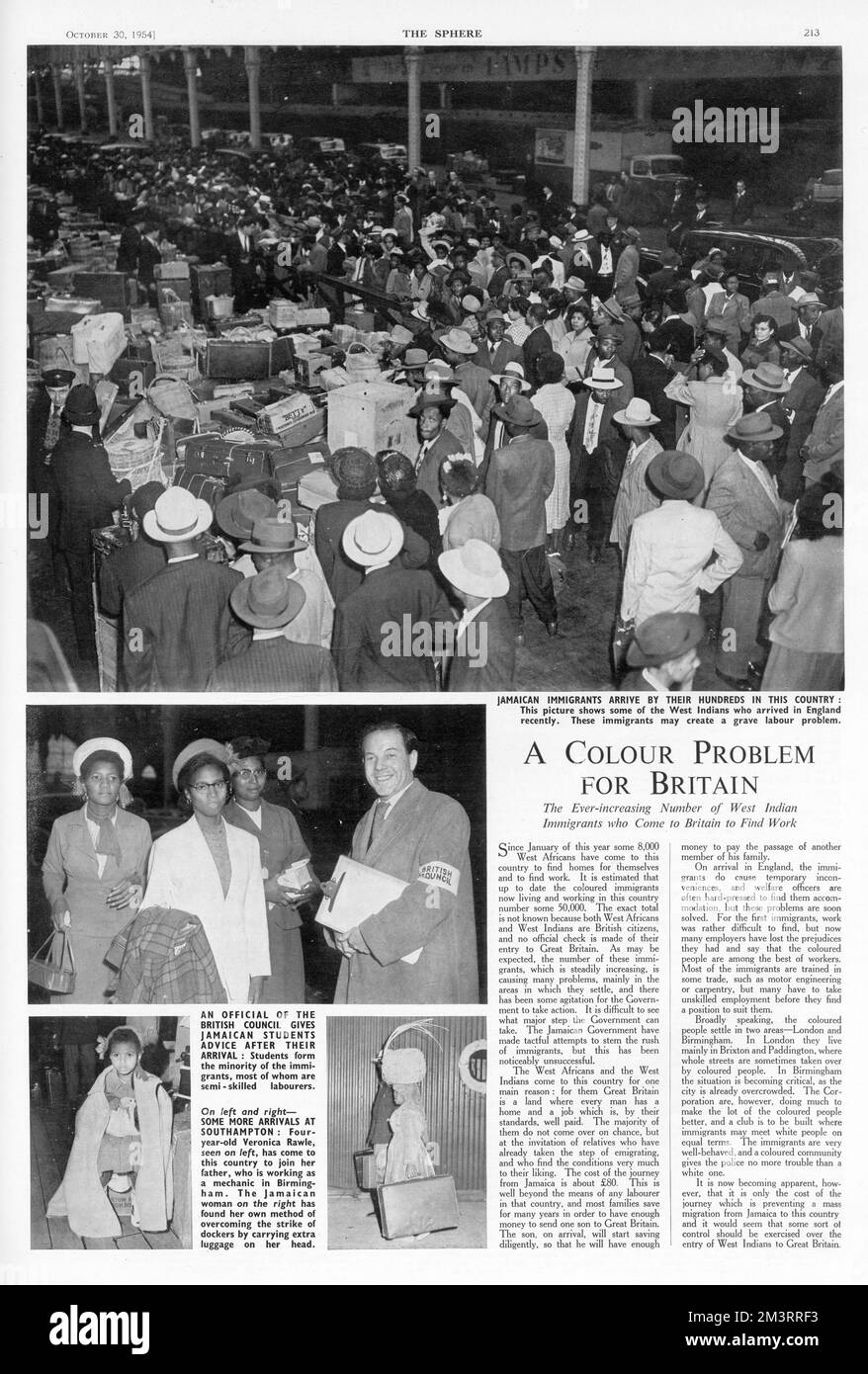 Seite aus der Sphäre berichtet über die wahrgenommene Bedrohung des Arbeitsmarktes in Großbritannien durch den Zustrom westindischer Einwanderer, insbesondere Jamaikaner, während der 1950er Jahre. Sechzig Jahre später werden dieselben Argumente immer noch für die Begrenzung der Einwanderungsquoten auf das Vereinigte Königreich verwendet. Datum: 1954 Stockfoto