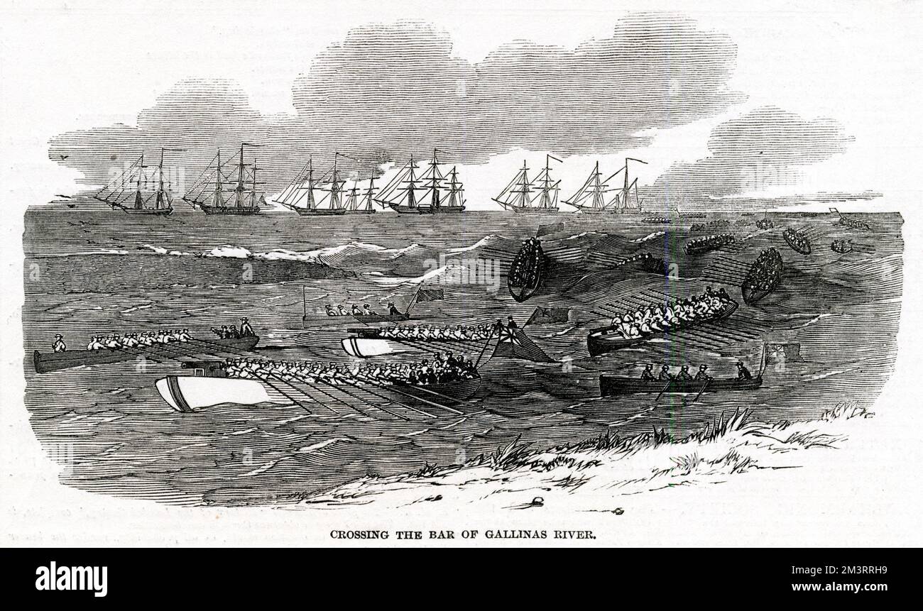 Sie überqueren die Bar des Gallinas River in Liberia, der den Atlantik zwischen Grand Cape Mount und Cape Saint Ann erreicht. Die Gegend war in den 1800er Jahren berühmt für ihre aktive Beteiligung am Sklavenhandel unter dem Gallinas-Volk. 1840 entdeckte Richard Doherty, der Gouverneur von Sierra Leone, dass Fry Norman, ein schwarzer Brite, und ihr Kind als Sklaven auf den Inseln an der Mündung des Gallinas-Flusses festgehalten wurden. 1849 Stockfoto