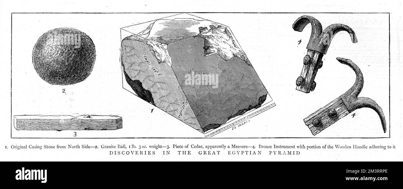 Entdeckungen in der Großen ägyptischen Pyramide - 1 Original-Baustein von der Nordseite - 2. Granitkugel, 1lb 3oz kg Gewicht - 2 kg. Ein Stück Zeder, anscheinend eine Maßnahme... 4. Bronzeinstrument mit einem Teil des Holzgriffs, der daran haftet. Einige der Objekte, die an den Pyramiden von Gizeh von Mr. John und Mr. Waynman Dixon entdeckt wurden, unterstützt vom englischen Arzt in Kairo, Dr. Grant. Datum: 1872 Stockfoto