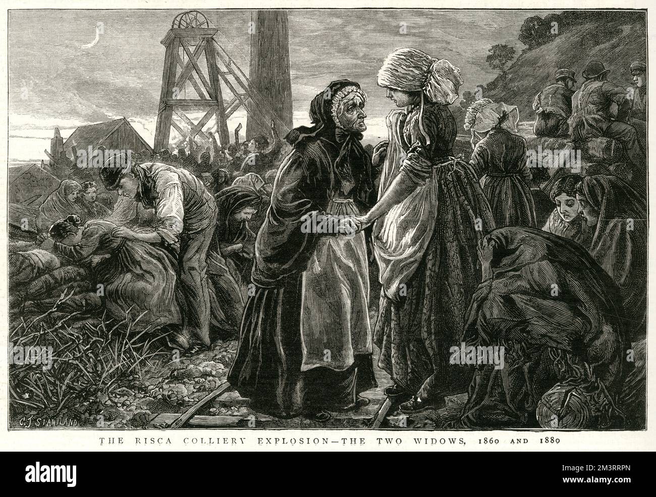 Risca-Grubenkatastrophe in Wales, mitten in der Nacht des 15. Juli 1880, ereignete sich eine große Explosion, bei der mehr als 120 Arbeiter ums Leben kamen. Die Gravur zeigt zwei Witwen, die ältere Frau tröstet den Verlust der Frau, wissend, dass sie ihren Mann vor 20 Jahren verloren hat. Datum: 15. Juli 1880 Stockfoto